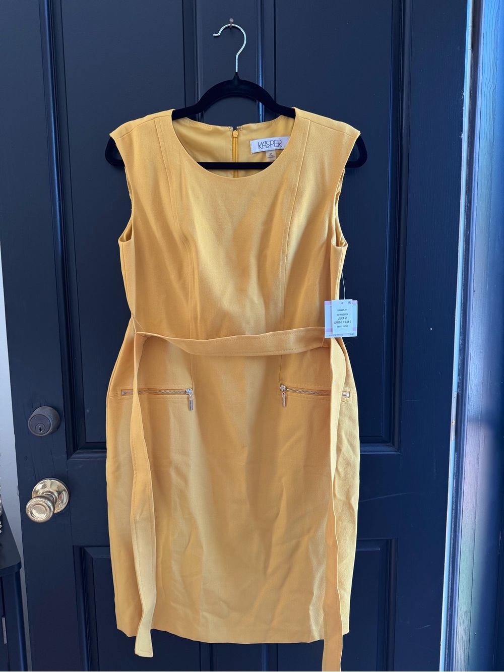 Kasper Sleeveless Belted Sheath Dress in Mustard